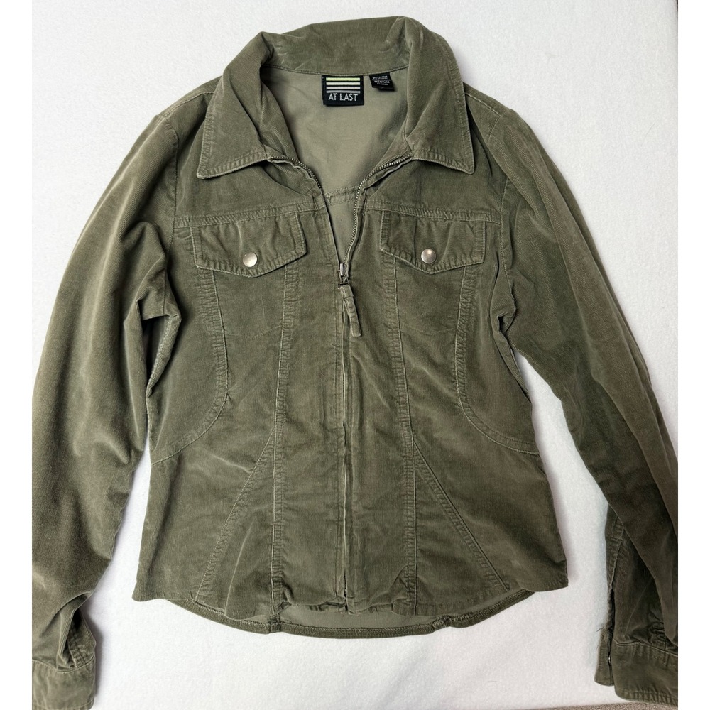 At Last Womens Olive Green Corduroy Full Zip Utility Jacket Medium Stretch